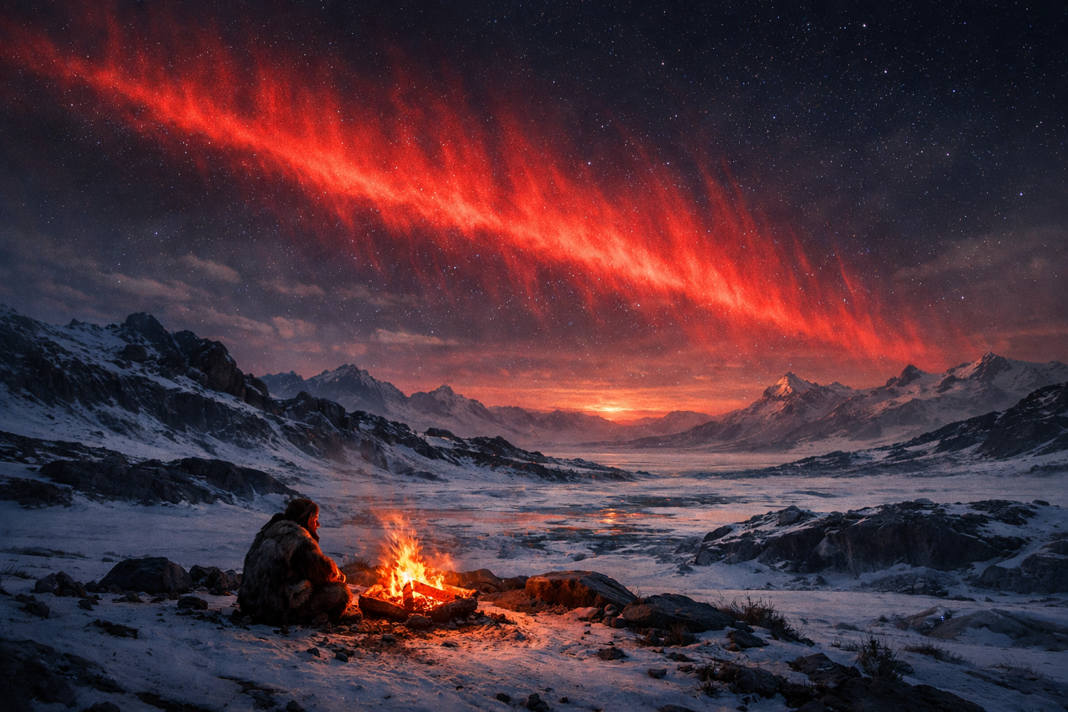 Prequel hero concept: ice-age landscape under red aurora.