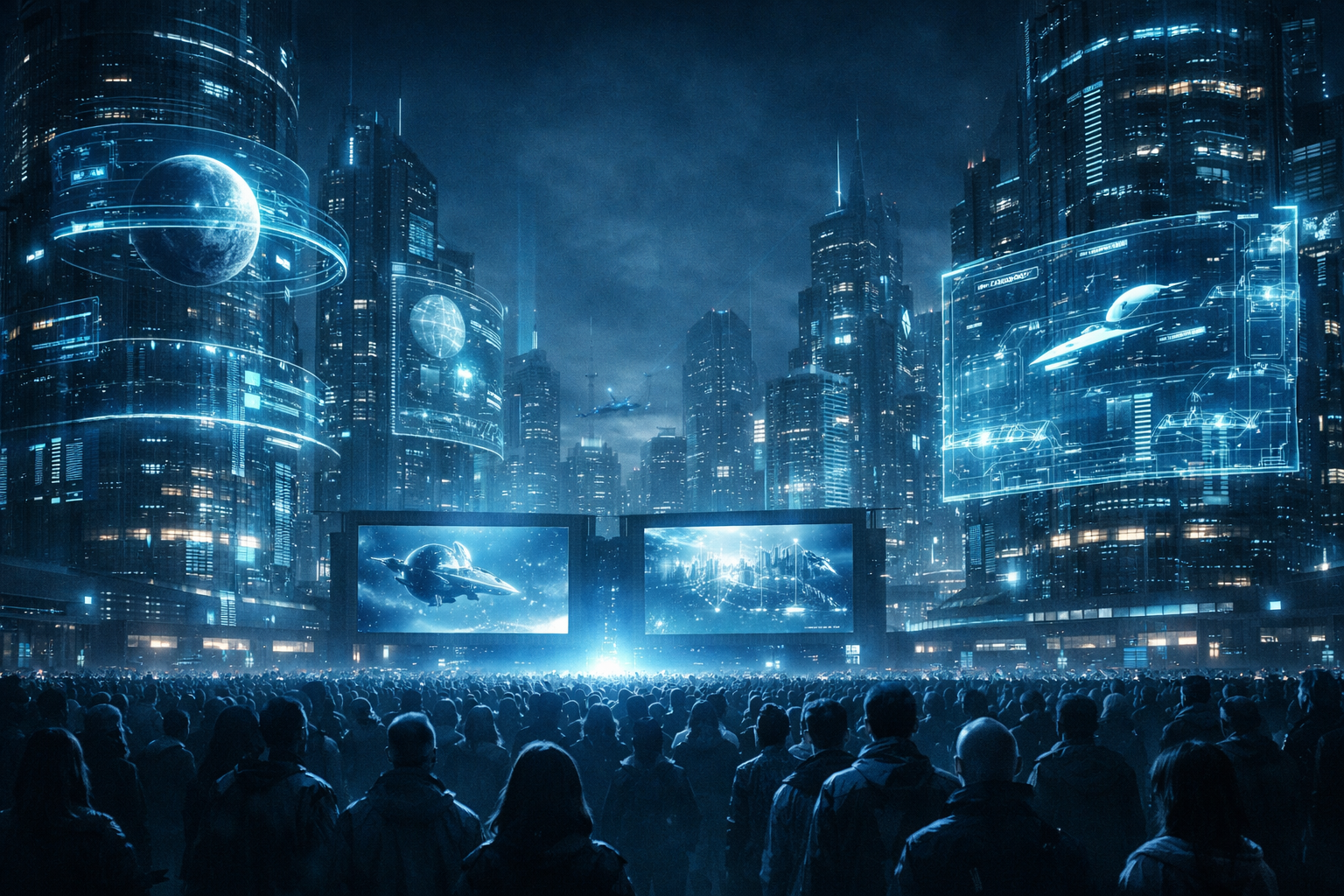 Sequel hero concept: neon city grid with public holographic presence.